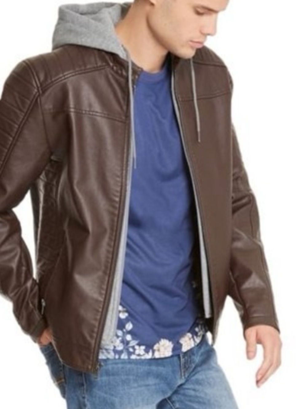 Guess Men's Hooded Jacket Full Zip Brown/Gray Faux Leather Size Large